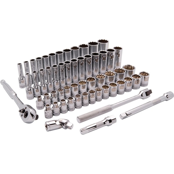 3/8"Dr 57Pcs 12 Pt, Std/Deep, SAE/Metric Socket Set, 1/4"-1", 6mm-19mm